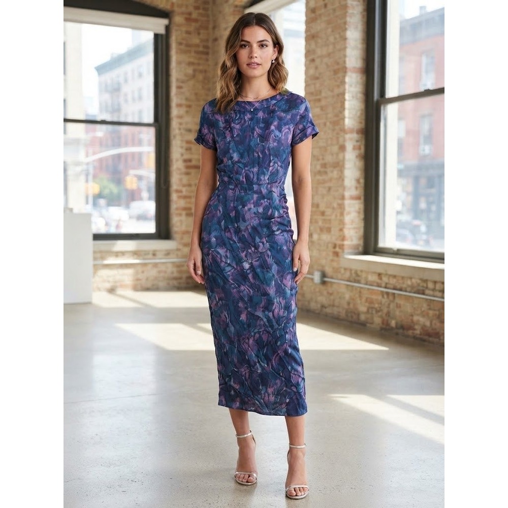 Vintage Style Abstract Floral Midi Dress Womens Small Purple Navy Excellent